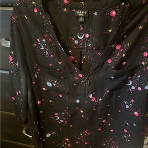 Torrid Black Blouse with Pink and Purple Celestial Print